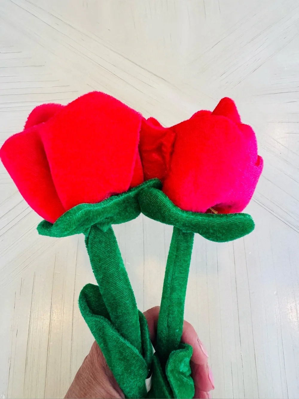 Set of 2 Bendable Long Stem Red Felt Roses | Plush Fabric Flowers | Craft & Gift